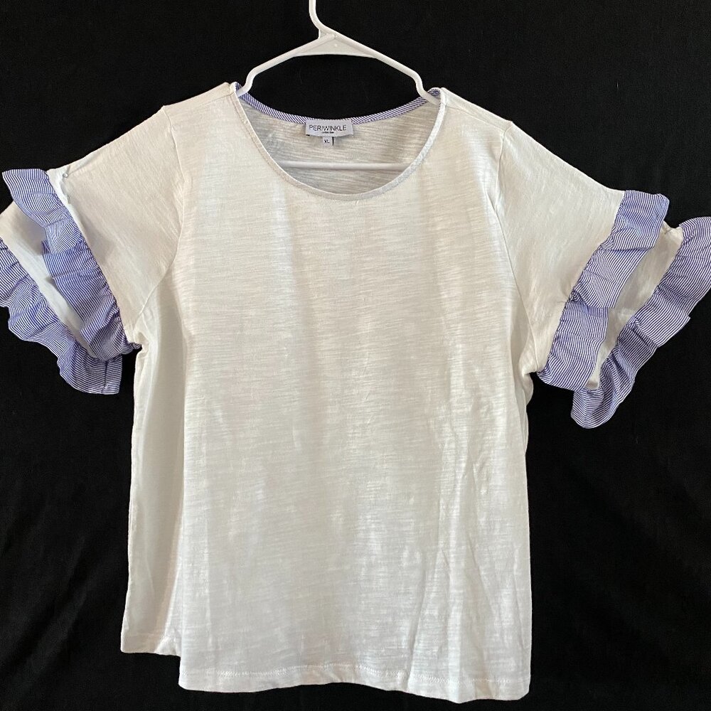 Periwinkle by Barlow White Tee with Lavender Ruffle Sleeves